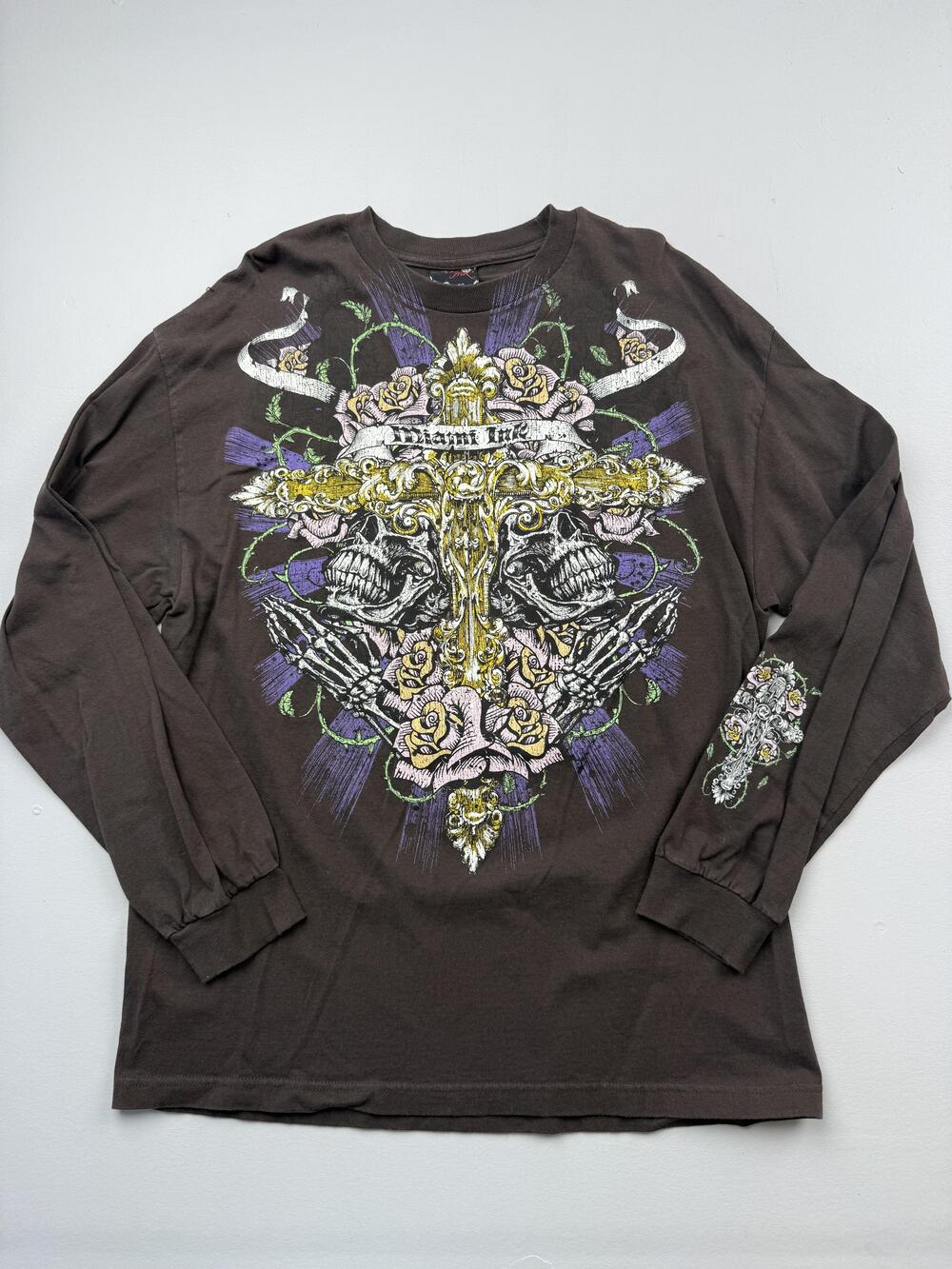 Miami Ink Shirt Mens XL Brown Long Sleeve Skull Rose Graphic Tee Tattoo Gothic
